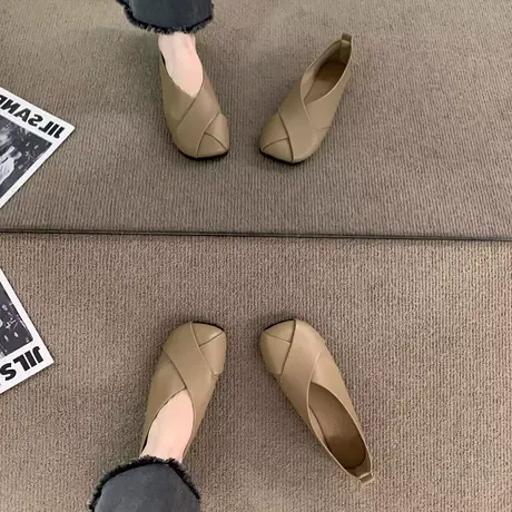 真皮方头单鞋女秋季2023新款编织一脚蹬休闲通勤款单鞋平底晚晚鞋商品大图