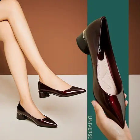 清仓软底皮鞋女超软工作鞋粗跟软皮酒红色浅口尖头鞋子女春秋单鞋商品大图