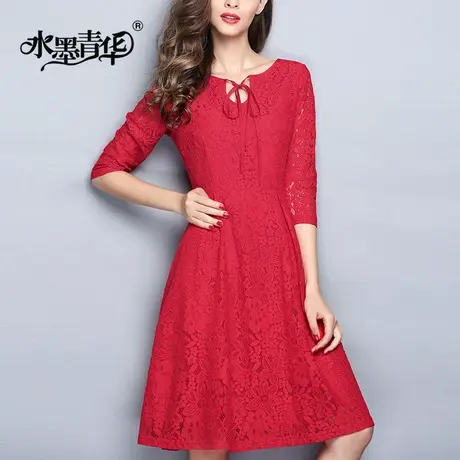 春装新款优雅红蕾丝七分袖系带收腰大摆时尚连衣裙商品大图