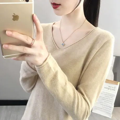 2023春秋新款纯色长袖V领针织衫女士百搭韩版宽松打底衫套头毛衣商品大图