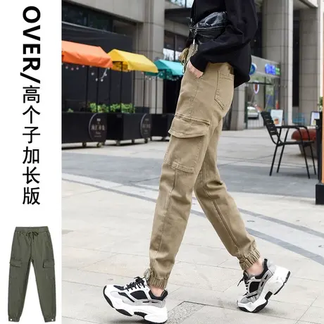 加绒工装裤女显瘦高腰春季新款大码宽松加长版帅气束脚秋冬休闲裤图片