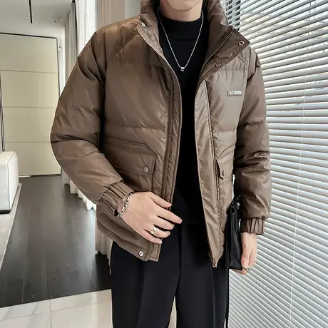 立领羽绒服冬季新款纯色简约轻薄设计感户外防寒机车服皮棉衣外套图片