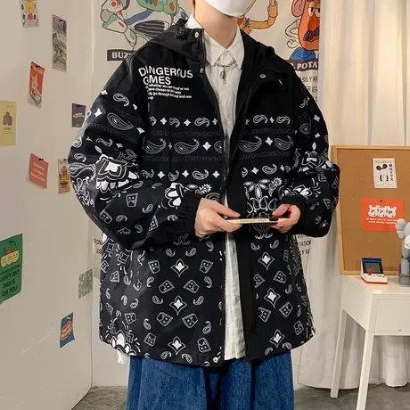 满印外套男春秋季工装男士夹克2024潮牌港风连帽休闲宽松印花上衣商品大图