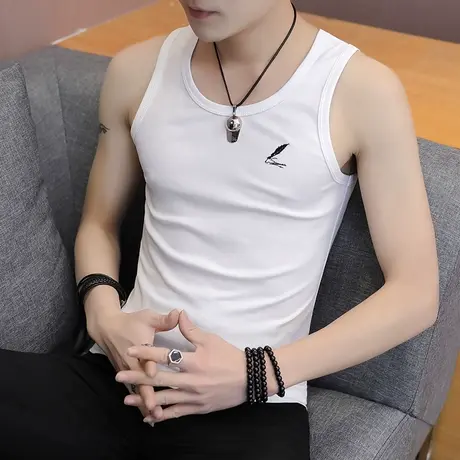 夏季T恤男圆领无袖弹力背心纯棉汗衫青年健身运动潮流修身上衣薄商品大图