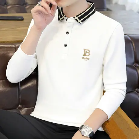 男士春秋季衬衫领长袖t恤潮流polo衫秋装刺绣翻领打底衫衣服小衫商品大图