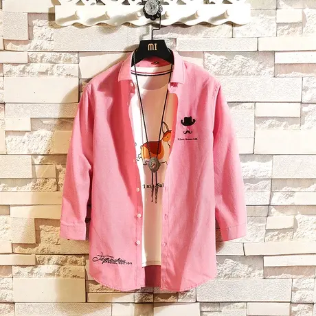 2023春季新款男士七分袖衬衫潮流帅气粉色寸衫青年休闲7分袖衬衣商品大图