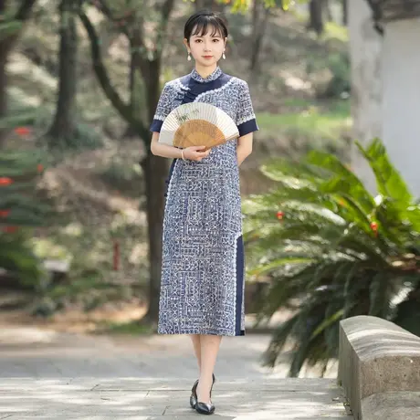 筠雅改良旗袍裙女夏季短袖民国复古中式优雅气质长款中国风裙子商品大图