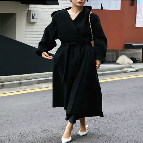 新款连帽系带女过膝长款系带毛呢外套韩版宽松大码系带休闲大衣潮商品大图