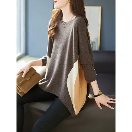 宝诗黎圆领慵懒宽松撞色羊毛衫女春秋打底毛衣2024新款中长针织衫商品大图