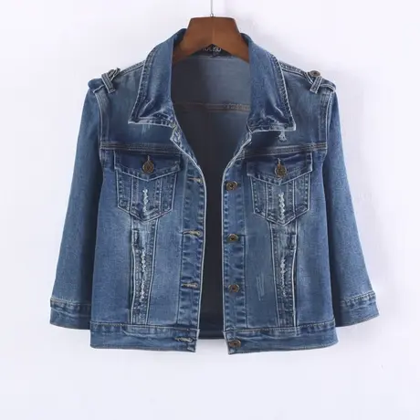 牛仔外套女春秋短款修身新款显瘦七分袖牛仔服上衣大码弹力83商品大图