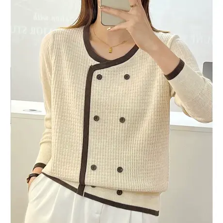 圆领撞色边针织开衫女2023年秋冬季新款宽松设计感长袖外套上衣潮商品大图