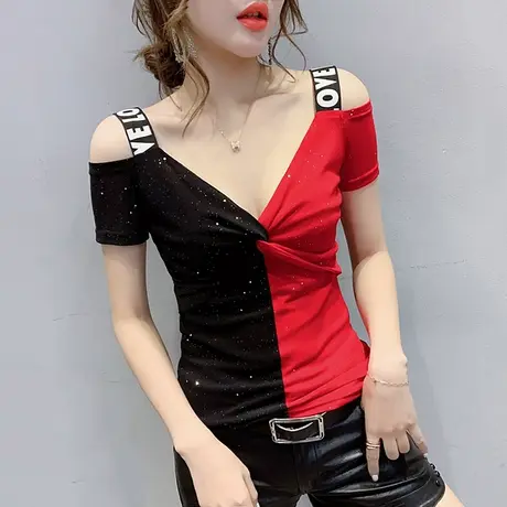 性感露肩V领T恤女短袖夏装2023新款潮时尚撞色洋气上衣吊带小衫女商品大图