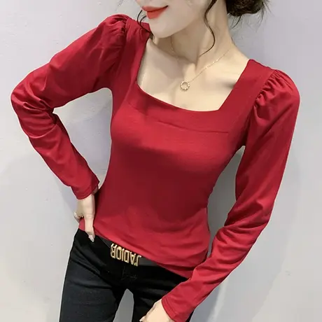 2024春秋新款法式方领T恤时尚泡泡袖上衣洋气百搭打底衫女长袖潮商品大图