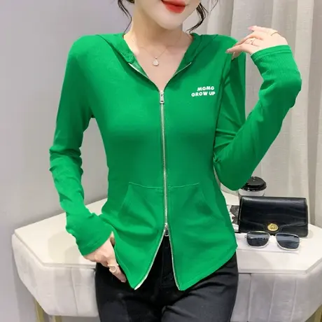 2024春装新款设计感拉链上衣欧货休闲连帽T恤女长袖修身显瘦小衫商品大图