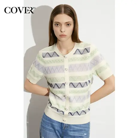 COVER夏季条纹渐变波浪纹钉珠针织衫商品大图
