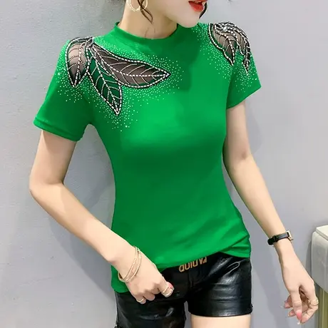 2024夏新款性感镂空上衣女短袖洋气网纱拼接T恤重工烫钻紧身小衫图片