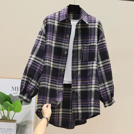 复古中长款格子衬衫女2023年春秋季港味新款宽松设计感长袖上衣潮商品大图