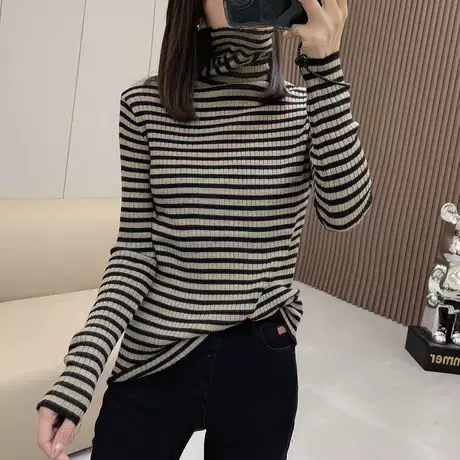 高领打底衫女秋冬2023新款洋气百搭内搭长袖条纹毛衣修身针织上衣商品大图