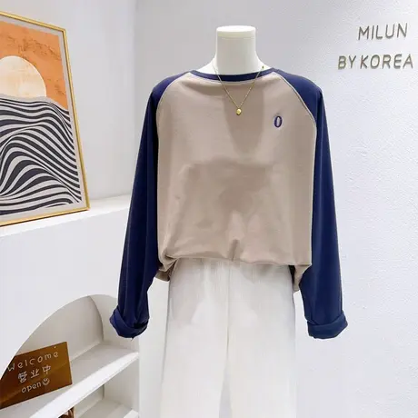 微胖显瘦上衣~秋冬保暖德绒上衣复古美式撞色长袖打底衫T恤欧货图片