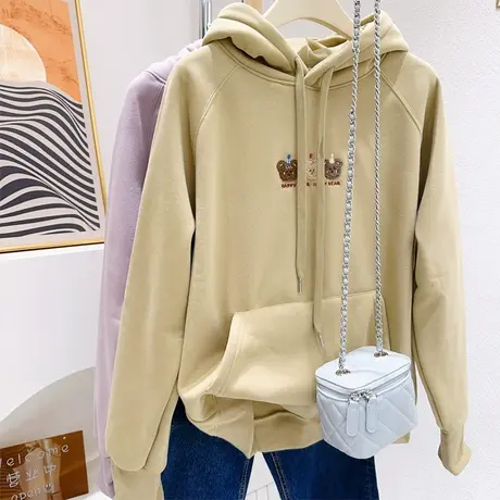 ins甜美小熊连帽加绒卫衣~23秋冬新款摇粒绒上衣学院风减龄奶呼呼商品大图