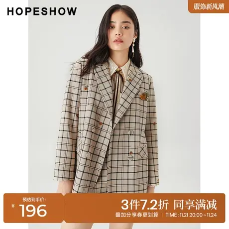 红袖outlets格纹翻领西装女hopeshow2022春季款草莓刺绣西服外套图片