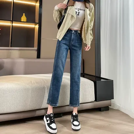 直筒牛仔裤女2023年春秋新款高腰显瘦百搭小个子开叉九分烟管裤子商品大图