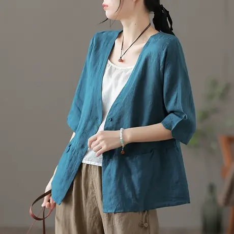 dza 复古高端亚麻上衣女士夏季薄款短袖外套宽松V领显瘦棉麻开衫图片