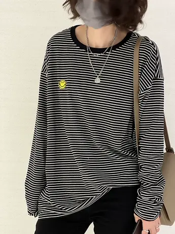 条纹长袖t恤打底衫女春秋大码洋气宽松韩版设计感小众上衣服ins潮图片