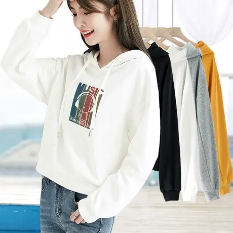 白色连帽卫衣女士春秋季宽松显瘦套头长袖休闲百搭打底衫2024新款商品大图