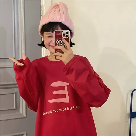 红续韩版休闲复古纯棉小个子宽松长袖T恤女2023春秋新款薄款上衣商品大图