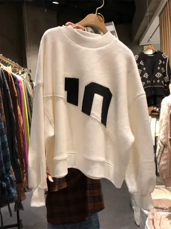 韩国东大门2023秋季新款拼接字母磨毛加厚落肩时尚卫衣长袖上衣女商品大图