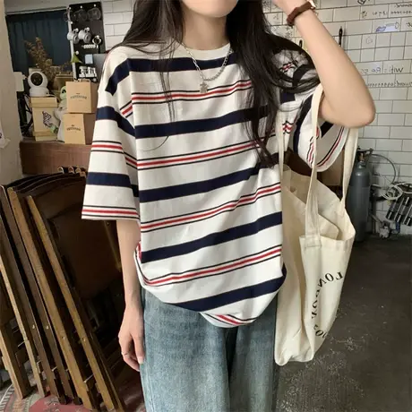 2024年夏季新款条纹宽松短袖T恤女装设计感小众小衫独特别致上衣商品大图