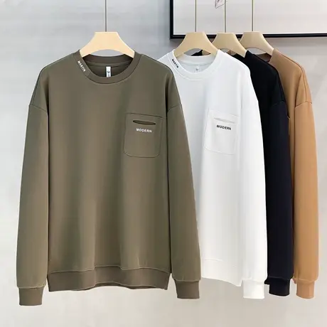 秋季重磅复古棉质长袖t恤男宽松潮牌打底衫美式口袋拼接圆领卫衣图片