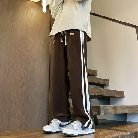 侧边条纹撞色灯芯绒休闲裤男春秋季百搭宽松直筒长裤运动阔腿裤子商品大图