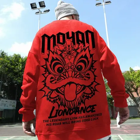 2024新款红色潮牌oversize大码男装胖子国潮醒狮圆领加绒卫衣男潮图片