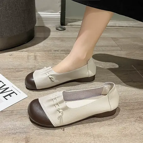 2023春秋新款民族风复古软皮圆头百搭浅口鞋软底妈妈单鞋女士皮鞋图片