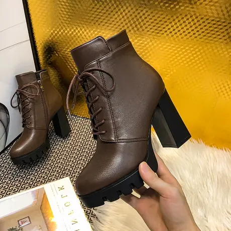 2023秋冬新款百搭马丁靴女高跟性感厚底粗跟短靴防水台系带女靴子商品大图