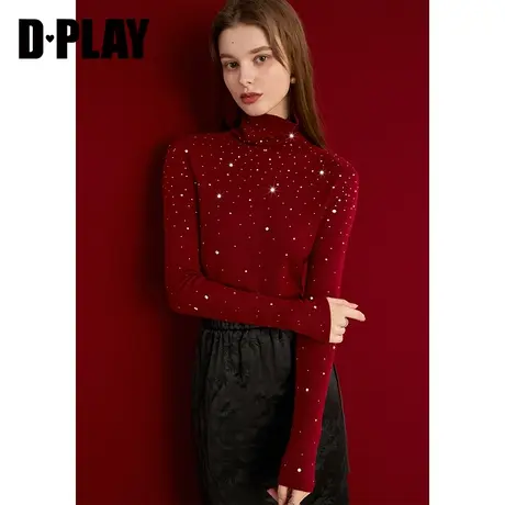 DPLAY2025春季烫钻针织衫内搭红色毛衣打底衫上衣女新年毛衫商品大图