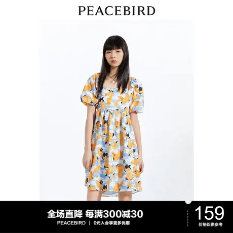 太平鸟泡泡袖印花连衣裙女夏季新款后背系带小众设计短款裙子图片
