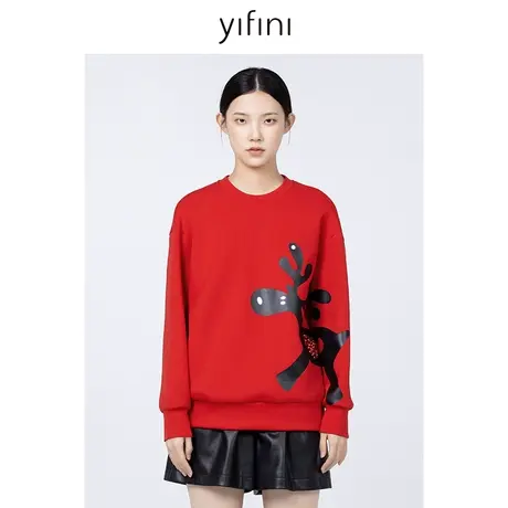 Yifini/易菲麋鹿宽松百搭圆领套头卫衣女冬季新款保暖休闲上衣女商品大图