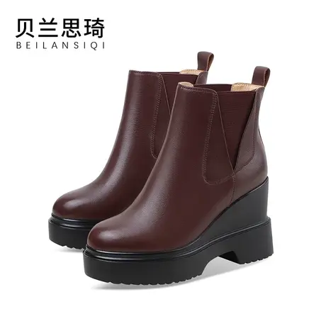 真皮舒适圆头厚底坡跟短靴女2023秋冬季新款加绒防水台高跟马丁靴图片