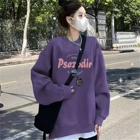 无帽卫衣女深紫色秋冬季新款2024爆款胖mm宽松圆领加绒加厚卫衣商品大图