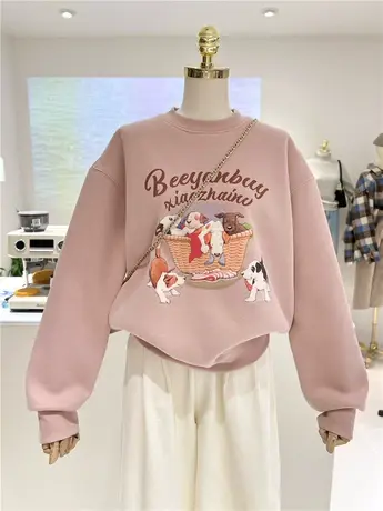 2024韩版过冬款加绒加厚卡通可爱小狗宽松保暖圆领套头卫衣女休闲图片