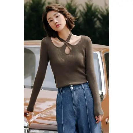 弥古法式交叉v领针织衫小众设计感薄款镂空上衣女秋季内搭打底衫商品大图