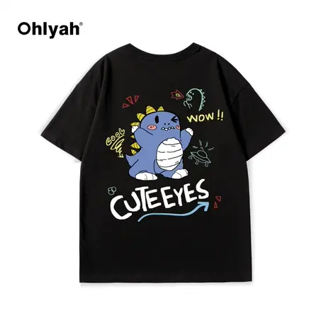 Ohlyah春夏新款卡通小恐龙印花短袖T恤女同款无性别纯棉学院情侣图片