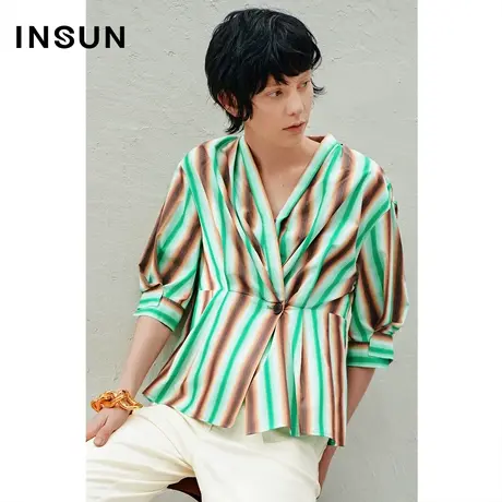 INSUN恩裳春季色织纯棉彩虹条叠搭式衬衫商品大图