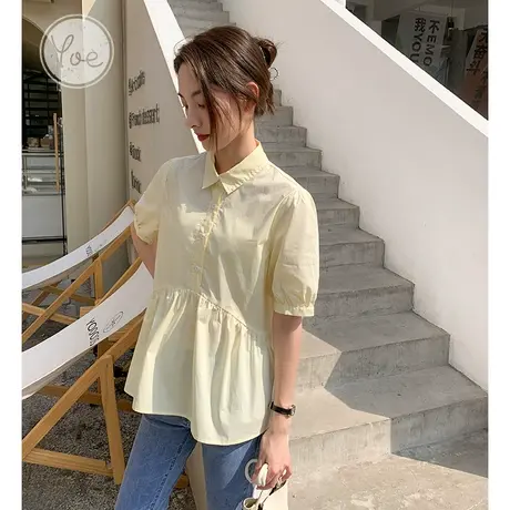 yoe夏季新款短袖衬衫女奶油黄慵懒风小众设计感宽松休闲泡泡袖ins商品大图