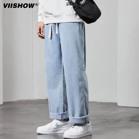VIISHOW男装学生直筒牛仔裤2024春季新款学生抽绳休闲风牛仔长裤商品大图