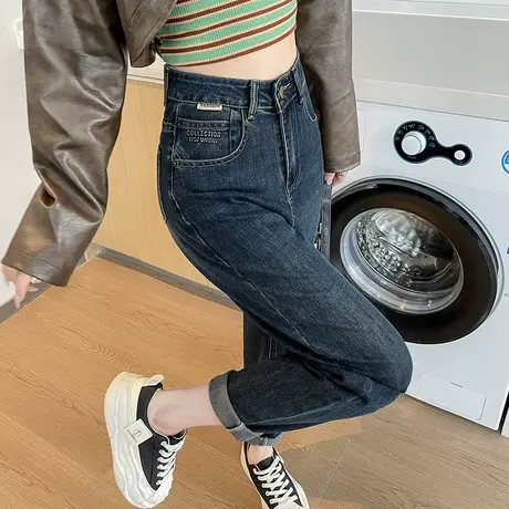 挽边哈伦牛仔裤女2024年春秋新款高腰宽松显瘦水泥蓝萝卜老爹长裤商品大图