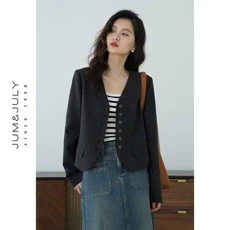 嘉茱莉2025新款V领短外套女小个子短款小西装外套女士设计感上衣图片